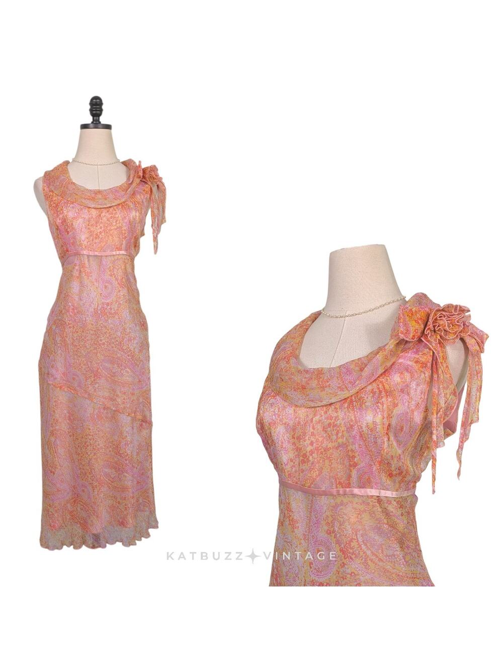 Y2K Silk Floral Midi Dress 8 Pink Orange Babydoll Fairy Ruffle Bow Sleeveless